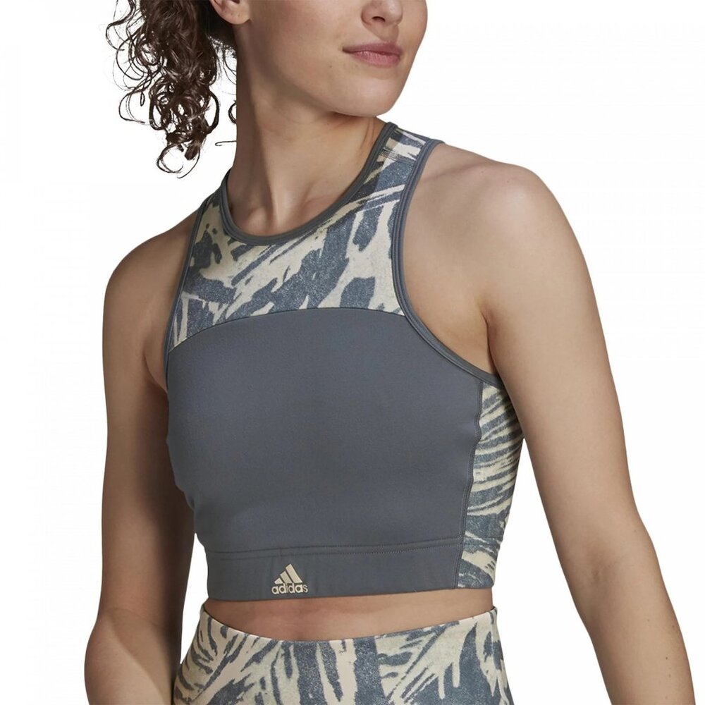 Adidas Primegreen Sports Bra Size XL Aeroready Abstract Print Gray Beige Sporty